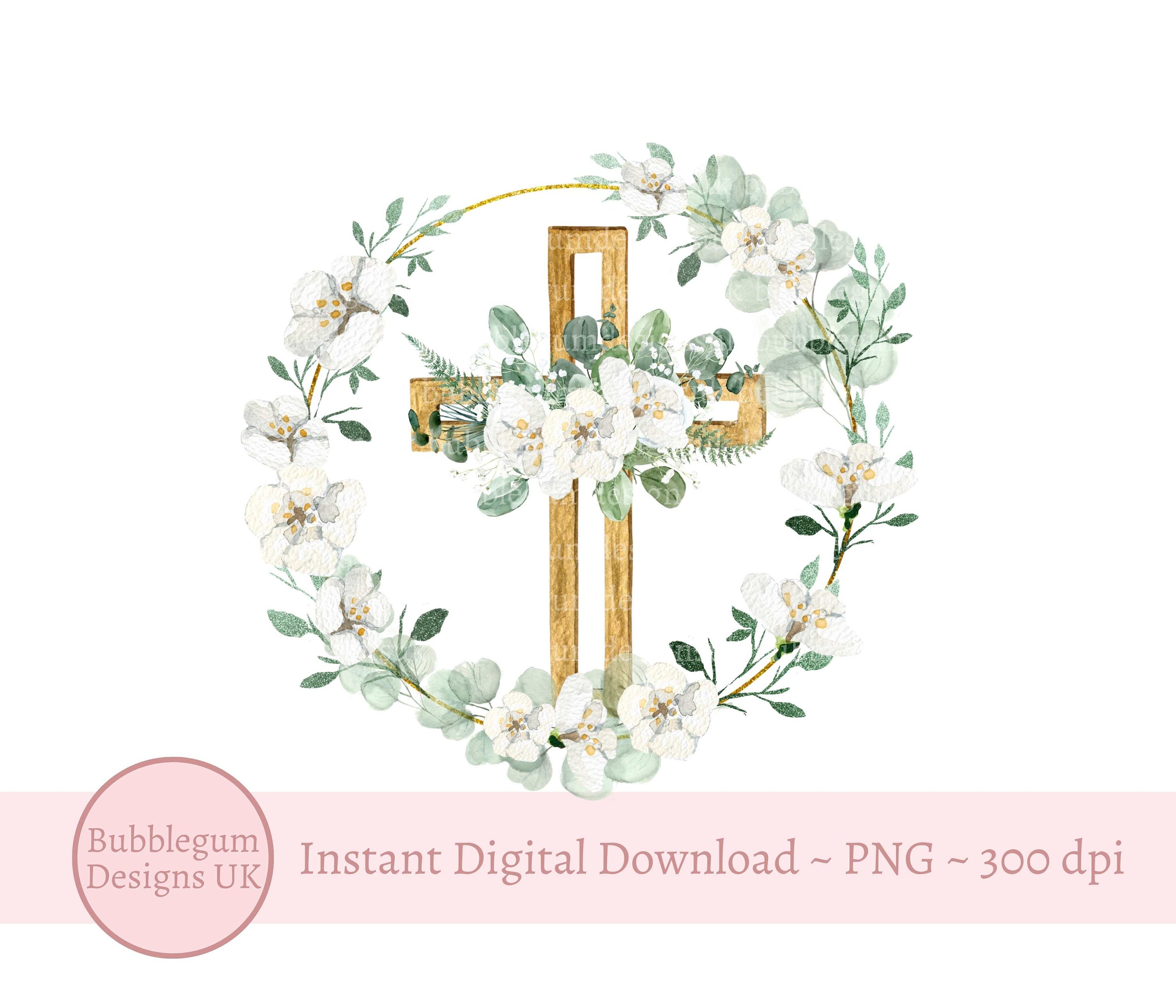 Floral Baptism Wreath PNG Cross Clip Art Baptism Christening Etsy