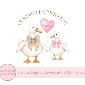 Onze eerste vaderdag papa PNG, Pink Goose Vaderdag sublimatieontwerp, Vaderdagkaart, 1e Vaderdag, instant digitale download