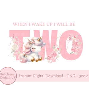 Pink TWO Unicorn & Pink Roses PNG, Bebê 2º aniversário, Pijamas de aniversário de unicórnio para meninas, Quando eu acordar, serei, Download digital instantâneo