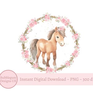Couronne de roses roses poney PNG, aquarelle bébé animal de la ferme, conception en sublimation poney, conception de carte d'anniversaire cheval, téléchargement immédiat
