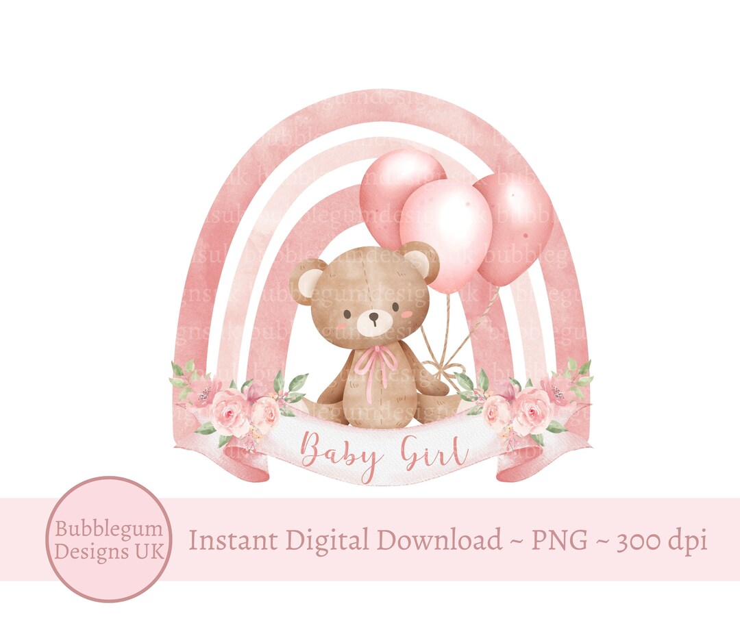 Osito de peluche rosa con globos y arcoíris PNG, clipart de osito - Main Image