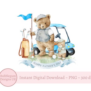父の日おめでとうゴルフテディベア昇華デザイン、PNG、パパの父の日カードデザイン、パパと赤ちゃんのクマ、インスタントデジタルダウンロード