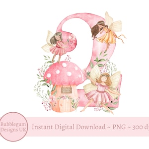 Fée rose champignon vénéneux numéro 2 PNG, Design en sublimation fées, décoration de fête d'anniversaire fée, fête de fée, téléchargement immédiat