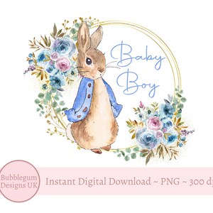 Rabbit Baby Boy Blue Floral Wreath PNG, Sublimation Design, New Baby, Baby Boy Shower, Instant Digital Download