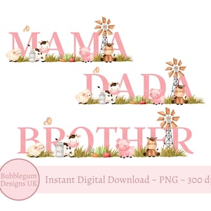 Maman papa frère rose ferme anniversaire PNG, lot de conception de sublimation animaux de la ferme, anniversaire de famille, dessins de T Shirt, téléchargement immédiat
