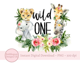 Girls Wild One Baby Safari Animals PNG, Watercolor Baby Animals, T Shirt Sublimation Design, Birthday Card image , Instant Digital Download,