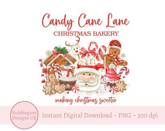 キャンディ・ケイン・レーン・クリスマス・ベーカリー PNG、クリスマス昇華デザイン、クリスマス・スイーツ、ジンジャーブレッド、ホットココア、インスタントデジタルダウンロード