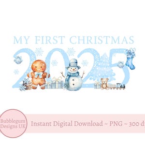 Blue My First Christmas 2025 PNG, baby's 1e kerstzak sublimatieontwerp, kerstavonddoos, babyaandenken, instant digitale download