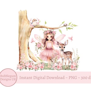 Floresta de fadas rosa PNG, design de sublimação de fadas, decoração de aniversário de fadas, fada caprichosa, cartão de fadas, cervo, download digital instantâneo