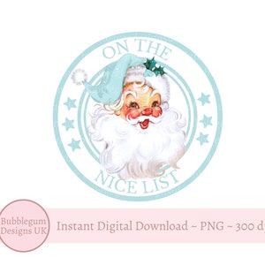 Diseño de lista de buenos deseos de Papá Noel azul, calcomanía navideña vintage de Papá Noel PNG, diseño de sublimación de lista de buenos deseos de Papá Noel, descarga digital instantánea