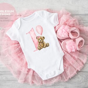 Teddy Bear Pink Balloon 1st Birthday PNG, First Birthday Sublimation ...