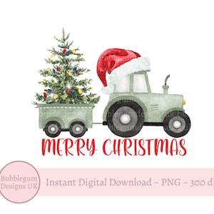 以下が含まれることがあります： クリスマスツリーを載せたトレーラーを牽引する緑色のトラクターの水彩イラスト。トラクターにはサンタ帽が被られています。「MERRY CHRISTMAS」の文字が赤色で描かれています。
