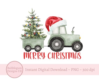Tracteur de Noël Santa Hat & arbre remorque Design en sublimation, tracteur vert PNG, Design de tracteur de ferme de Noël, téléchargement immédiat