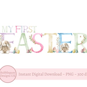 Mi primer conejito de Pascua con letras de arcoíris PNG, primer diseño de sublimación de Pascua, diseño de bolsa de golosinas de Pascua, tarjeta de Pascua, descarga digital instantánea
