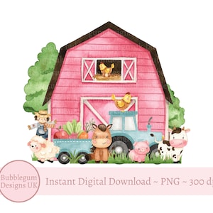 Grange de ferme rose PNG, conception de sublimation d'animaux de ferme, conception de T shirt de ferme, conception de carte d'anniversaire, vache, agneau, porc, téléchargement numérique immédiat
