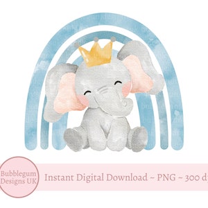 Cucciolo di elefante blu arcobaleno PNG, clipart elefante carino, nuovo design della carta per bambini, compleanno di Safari, selvaggio, download digitale istantaneo