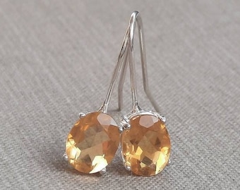 Citrine Rose-Cut Drop Earrings-Sterling Silver, Natural AAA Oval Long Silver Yellow Citrine Prong-Set Earring, Silver Citrine, Semi-Precious