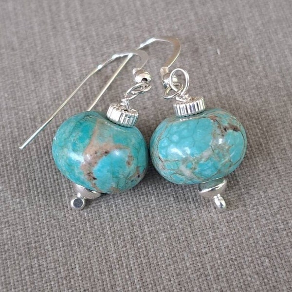 Blue Turquoise Rondelle Earrings in Sterling Silver,Genuine Large Round 14mm Veined Turquoise Stone Dangle Drop-Women,Turquoise Jewelry,Boho