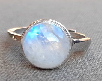 Rainbow Moonstone Solitaire Dome Ring-Sterling Silver, Genuine 10mm Round Iridescent White-Blue Flash Rainbow Moonstone Adjustable Ring,Boho