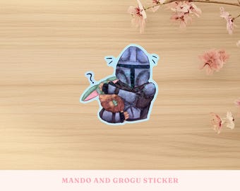 Bounty Hunter and Child Die Cut Holographic Heart Vinyl Sticker