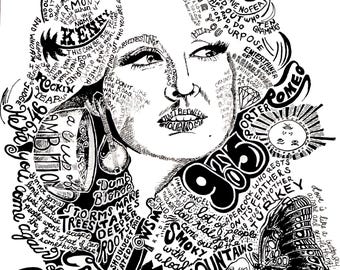 Puede incluir: Una ilustración en tinta negra y blanca que forma el retrato de una persona usando tipografía y varios iconos. El texto incluye frases como Jolene, 9 to 5 y Smoky Mountains. Los iconos visibles incluyen una mariposa, un sol y un instrumento musical.