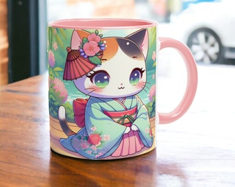 Mug chat dessin animé kawaii en tenue japonaise - Tasse en céramique de 11 oz avec intérieur coloré - Idée cadeau esthétique