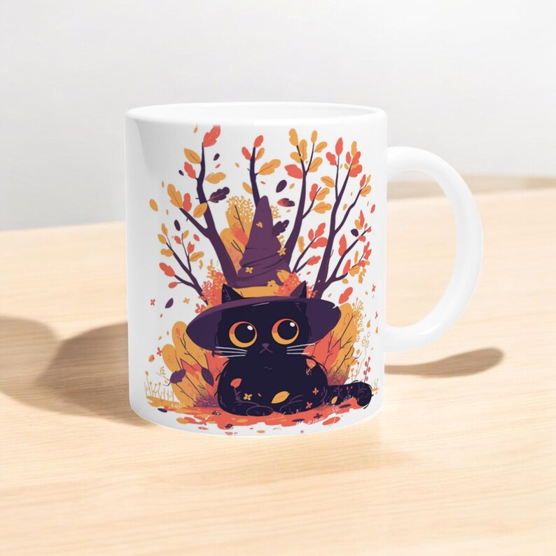 Witch Cat Fall Mug Spooky Tree 11oz Ceramic Mug for Halloween and