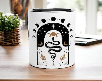 Mug Witchy mystique - Mug blanc de 11 oz avec intérieur noir - Motif serpent et croissant de lune