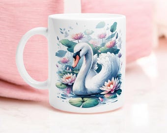 Swan Mug | Water Lily Coffee Cup | Lake Life Art | Elegant Bird Gift