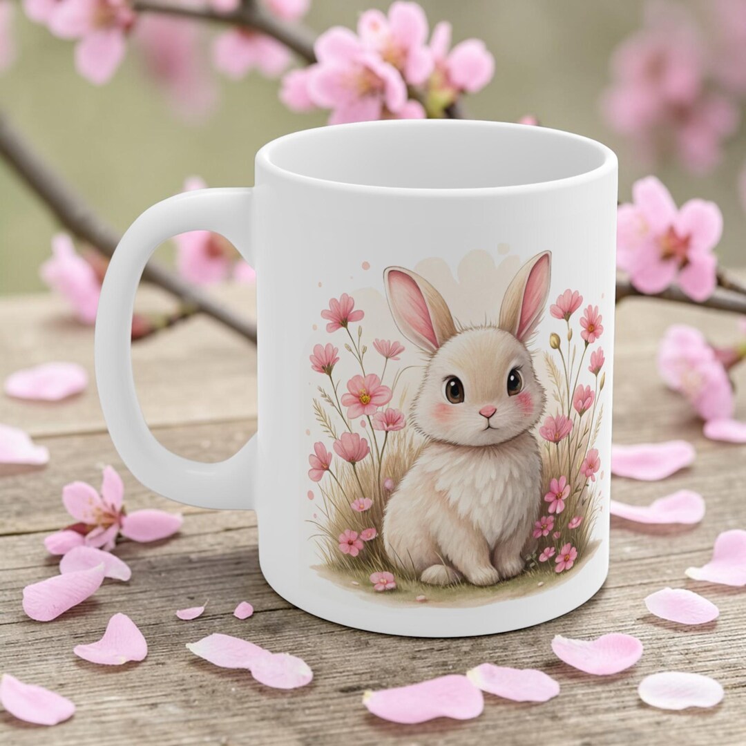 Pink Rabbit Cup Watercolor Bunny Mug, Pink Floral Rabbit Coffee Cup, Woodland Creature ...