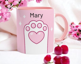 Taza personalizada Kawaii Paws - Taza de cerámica rosa con nombre personalizado - Regalo adorable para los amantes de las mascotas