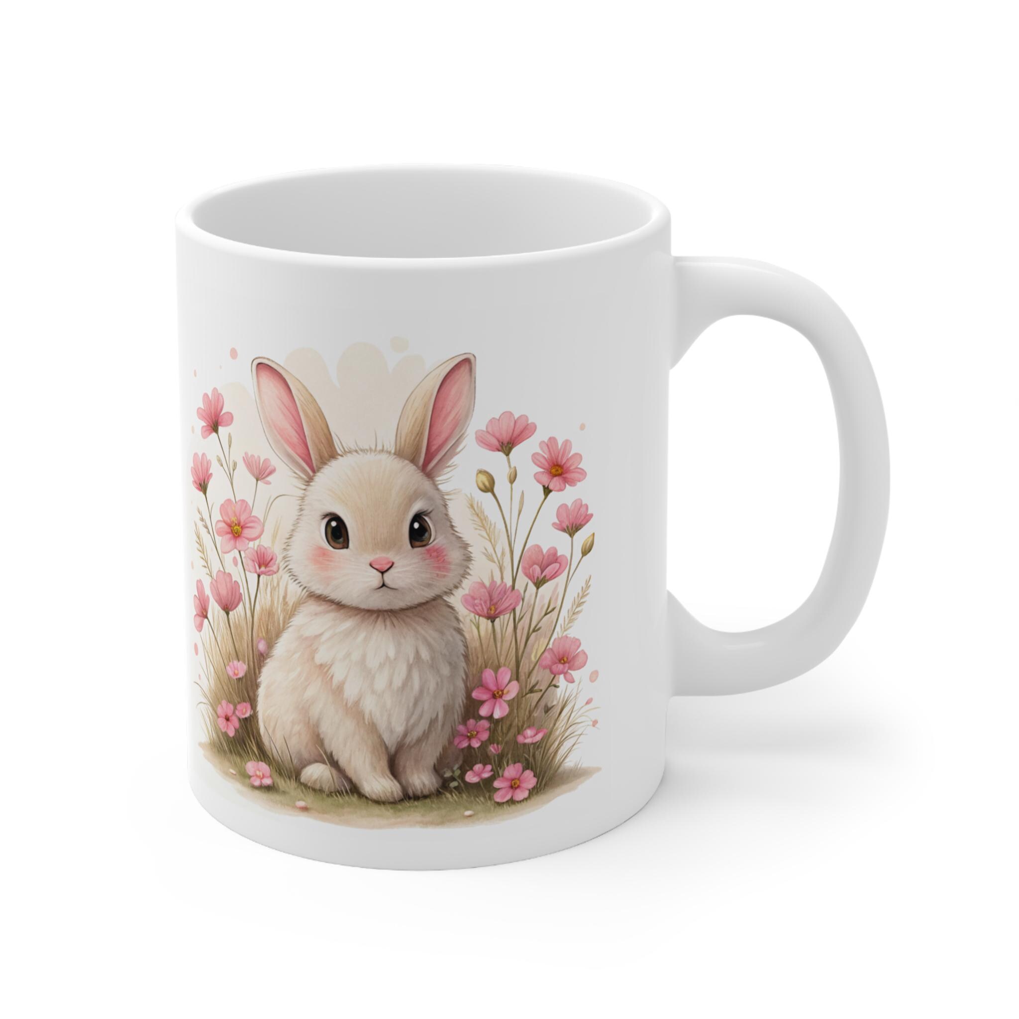 Pink Rabbit Cup Watercolor Bunny Mug, Pink Floral Rabbit Coffee Cup, Woodland Creature ...