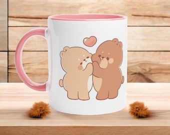 Tasse Kawaii Bear Embrasse | Tasse en céramique pastel de 11 oz avec accents colorés, parfaite pour les amateurs de café et de thé