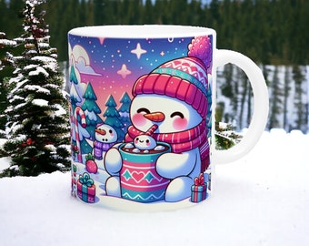 Taza de cerámica Winter Wonderland - Muñeco de nieve Kawaii bebiendo cacao caliente Ilustración - Perfecta para acogedoras noches de invierno