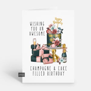 Elegant Champagne And Cake Birthday Card For Her, Stylish Happy Birthday Card For Sister Friend Mum Auntie Wife Woman