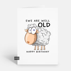 Tarjeta de cumpleaños con un divertido juego de palabras con ovejas para él o ella, tarjeta de felicitación con chiste sobre la vejez para adultos.
