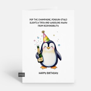 Carte d'anniversaire drôle de pingouin et de champagne pour lui ou elle, carte de voeux de plaisanterie pour la célébration d'hommes ou de femmes adultes