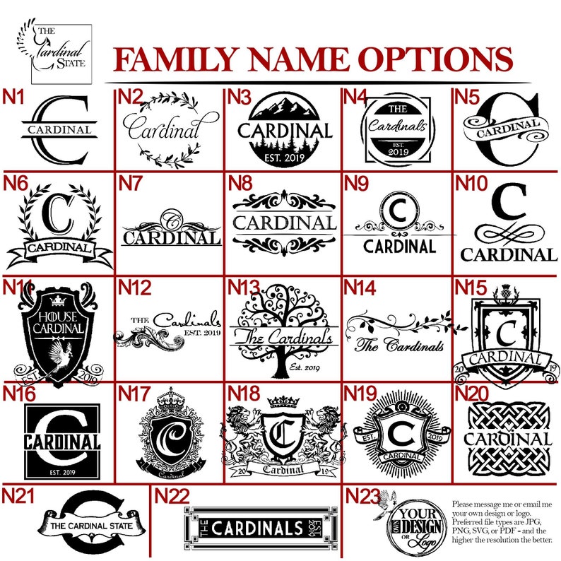 May include: A grid of 23 black and white family name options for a personalized design. The options include various fonts, styles, and designs, such as a cardinal bird, a house, a tree, and a crown. The text "FAMILY NAME OPTIONS" is at the top of the grid.