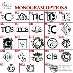 May include: A chart of 23 different monogram options for a personalized gift. The options include various fonts, styles, and arrangements of the letters T, C, and S. The chart is labeled with numbers M1 through M23.