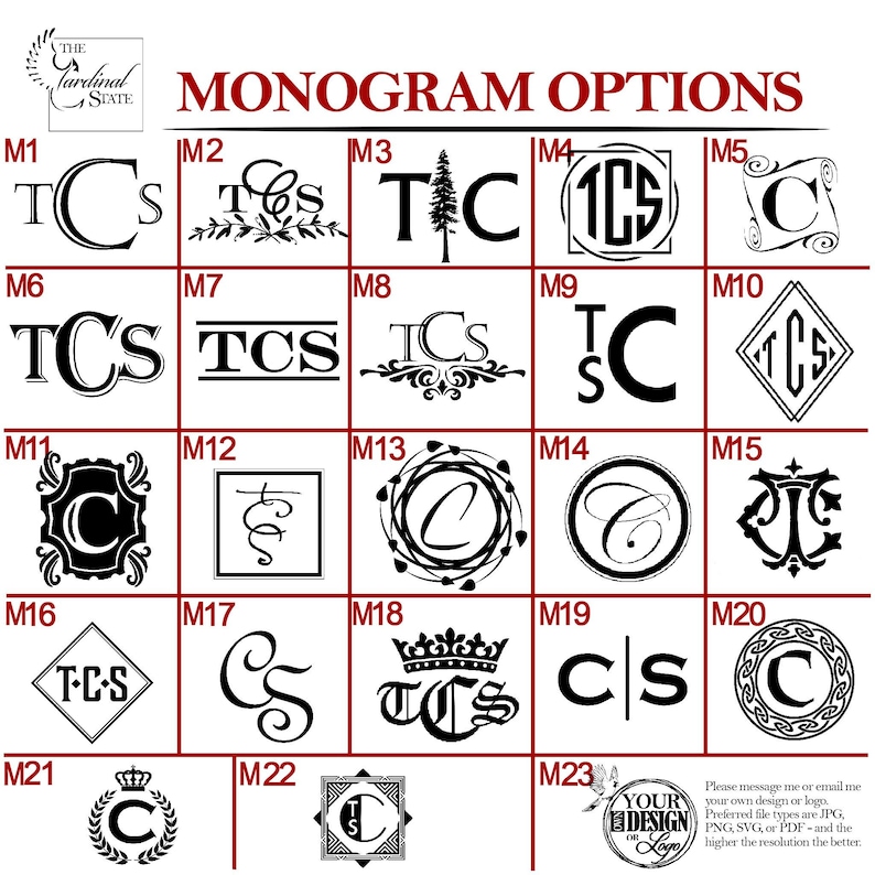 May include: A chart of 23 different monogram options for a personalized gift. The options include various fonts, styles, and arrangements of the letters T, C, and S. The chart is labeled with numbers M1 through M23.