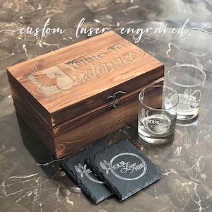 Custom Whiskey Box Set, Glasses, Slate Coasters, Stones