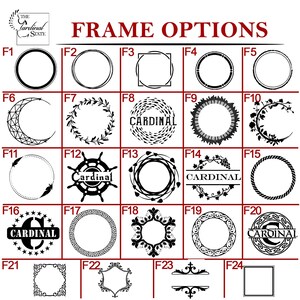May include: A black and white image showing 24 different frame options for a monogram. The frames are numbered F1 through F24. The frames include various designs, such as circles, squares, hearts, and wreaths.