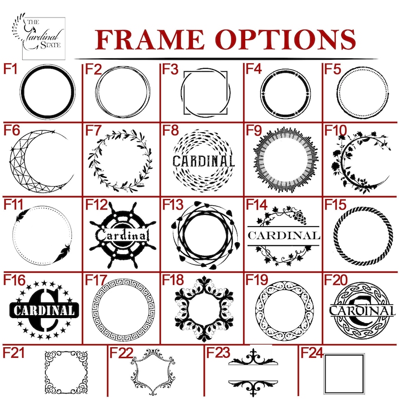 May include: A black and white image showing 24 different frame options for a monogram. The frames are numbered F1 through F24. The frames include various designs, such as circles, squares, hearts, and wreaths.
