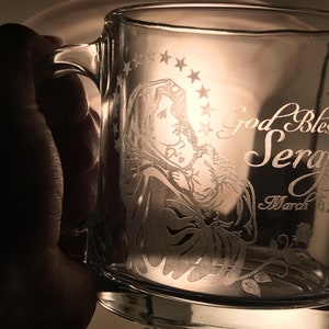 Personalized coffee mug glasses custom engraved with any design, logo or use one of our templates. Perfect for coffee drinkers or as a military, retirement, wedding, groomsman or anniversary gift.