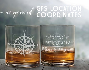 GPS Coordinate Latitude Longitude Whiskey Glass With Compass