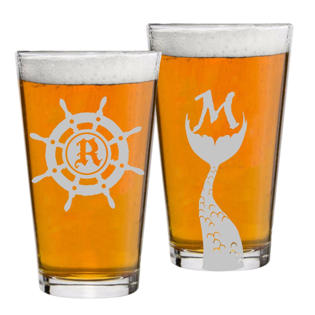 Pirate & Mermaid Unique Custom Monogrammed Pint Glasses Personalized