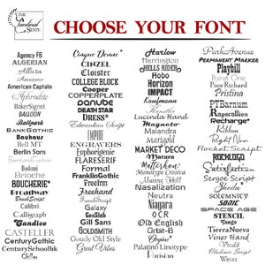 May include: A black and white image with a list of over 100 different font names. The text at the top of the image reads "Choose Your Font".