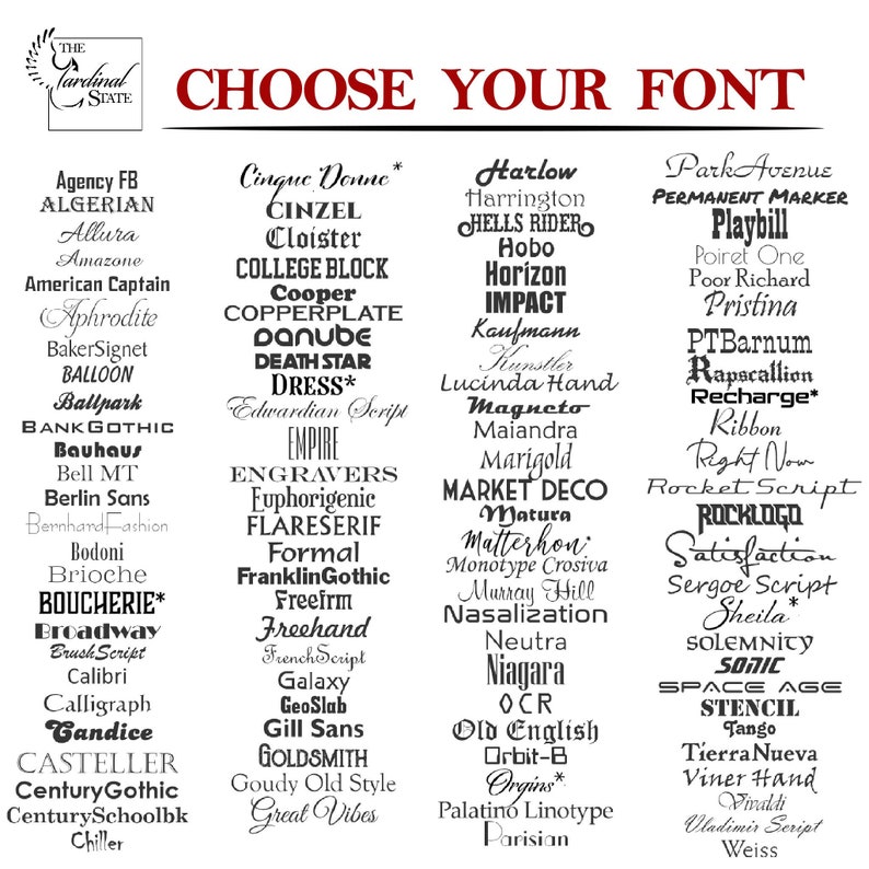 May include: A black and white image with a list of over 100 different font names. The text at the top of the image reads "Choose Your Font".