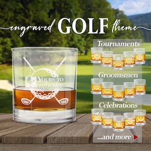 May include: Engraved glass tumblers with a golf theme. The tumblers feature a golf ball and crossed golf clubs. The text "Yours to Customize" is engraved on the tumbler. The tumblers are shown in a variety of designs, including "Tournaments", "Groomsmen", and "Celebrations".