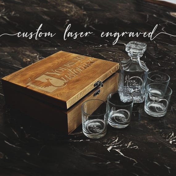 Engraved decanter + glasses + keepsake box as a cohesive set — 136 favorites validates real demand, and the gift-ready presentation makes it a no-brainer splurge.